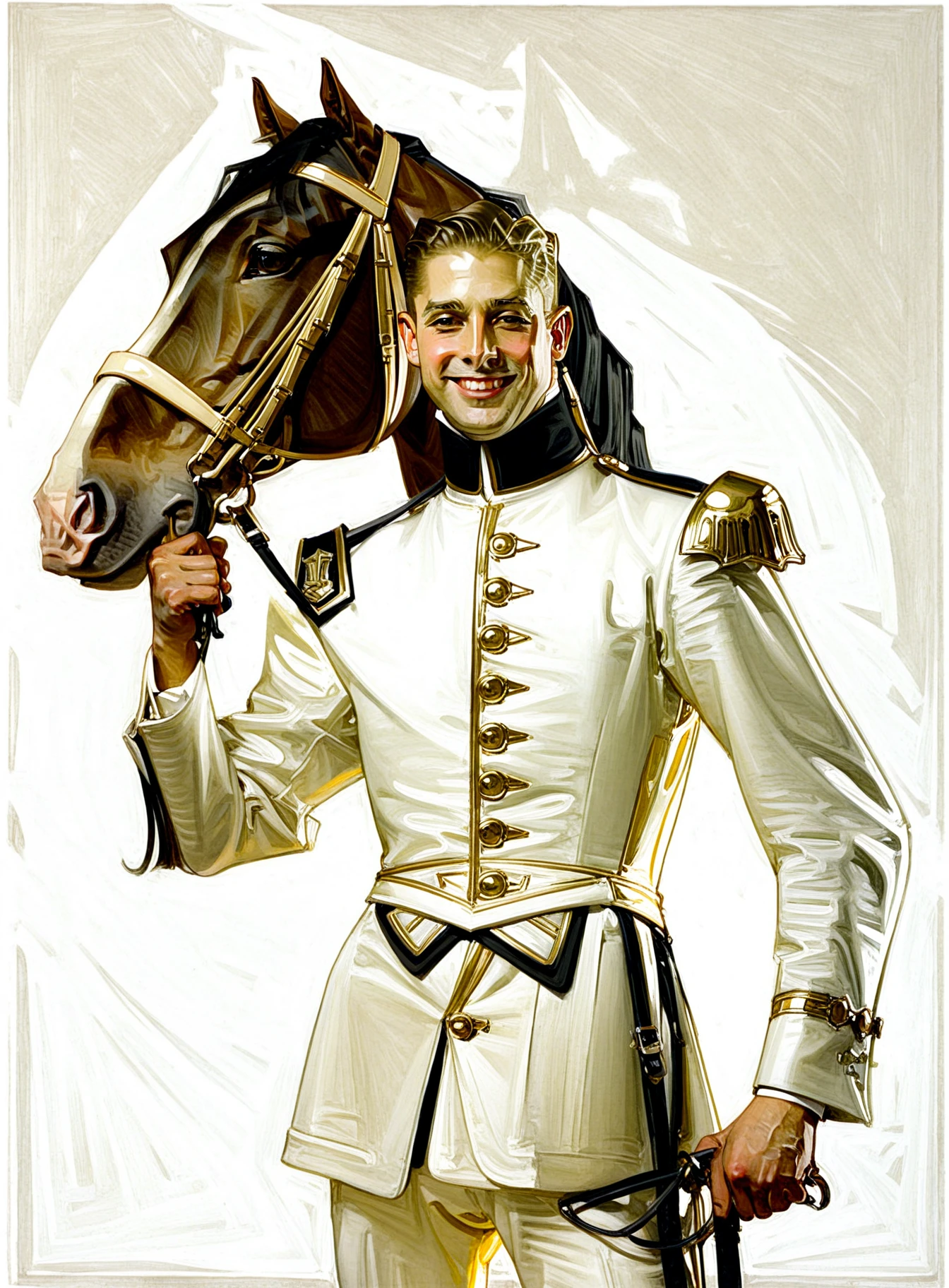 leyendecker, masterpiece, best quality, very aesthetic, absurdres, man, smirk, hand holding reigns, standing next to a horse, simple background, white background, half body