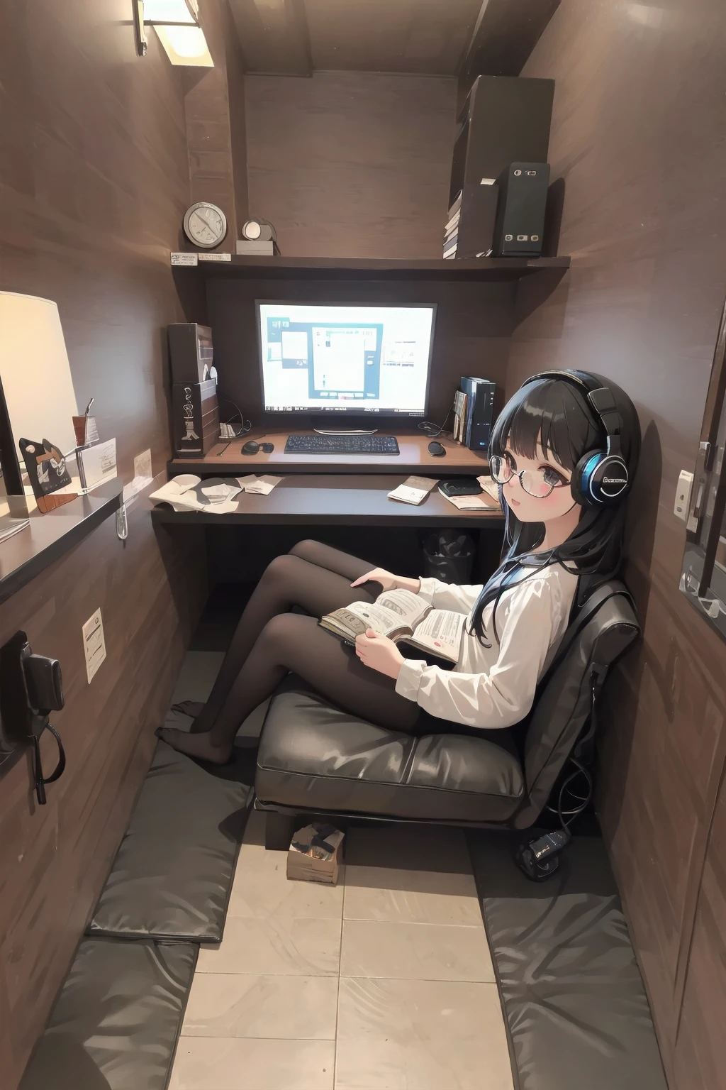 masterpiece, best quality, ultra-detailed, illustration, glasses,
necafe, scenery, 1girl, solo, computer, monitor, chair, black hair, sitting, book, striped, pantyhose, headphones, indoors, desk, lamp
<lora:netcafe_SD15_V1:0.8>