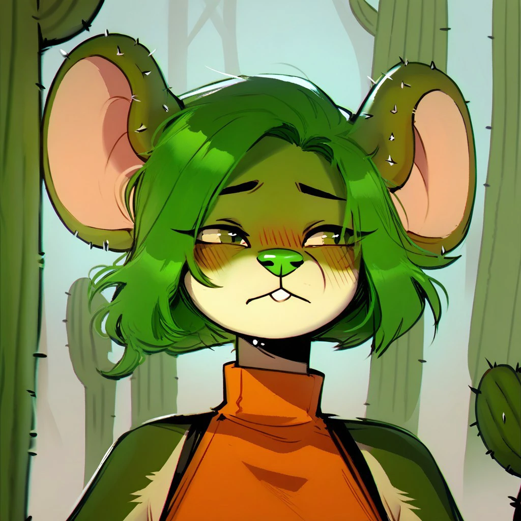 score_9, score_8_up, score_7_up, ratatatat74 style, blush,1girl,solo,sleeveless turtleneck,upper body <lora:ratatatat74-offset:1>, 1 furry girl, forest, (mouse:1.3), NaraKoman, green hair, green eyes, green skin, cactus tail