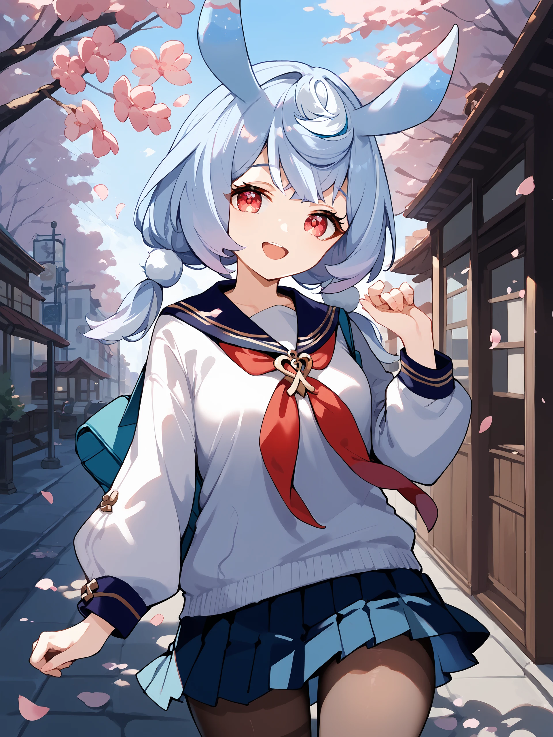 1girl, sigewinne \(genshin impact\), solo,  low twintails, animal ears, school uniform, white shirt, sweater, pleated skirt, pantyhose, smile, open mouth, looking at viewer, outdoors, street, cherry blossoms, petals, depth of field score_9, score_8_up, score_7_up, source_anime,  <lora:Char-Genshin-Sigewinne-V1-Pony:1>