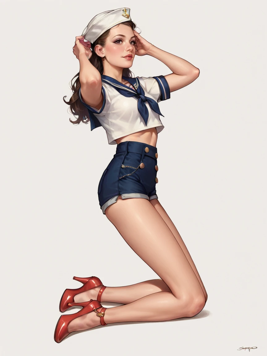 score_9, score_8_up, score_7_up, score_6_up, score_5_up, <lora:s41l0rXLP:0.7> s41l0r, dixie cap hat, hat, sailor, sailor collar, shirt, solo, 1girl, shorts, high heels, pinup, arms at side