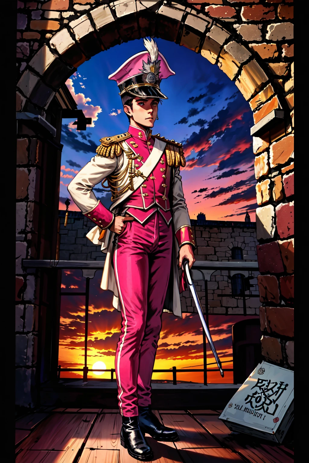 masterpiece,best quality,1boy,berglancer, <lora:Berglancer15:0.65>,standing,(in castle,indoors,stone walls:1.2),vest,jacket,pink pants,shako cap,epaulettes,boots,(sunset,cloudy sky,absurdres:1.1),full body,(detailed background:1.2),