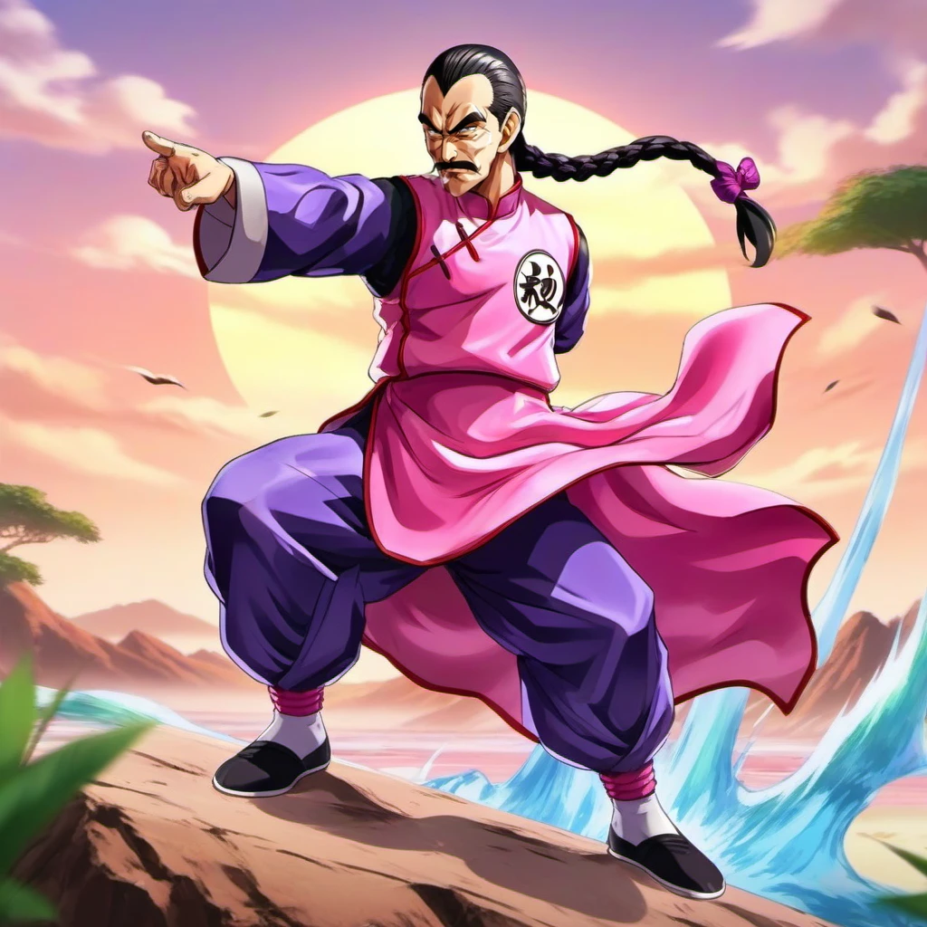 anime artwork full body portrait 1boy, mustache, solo, single braid, black hair, pink and purple chinese clothes, facial hair, fighting stance, pull out the Tang, beach, jungle<lora:TaoPaiPai1024:0.8> . anime style, key visual, vibrant, studio anime,  highly detailed