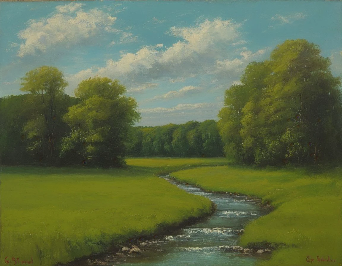 gstv, A painting of a green field with trees in the background. There is a small stream running through the field. There are clouds in the sky above the trees., no humans, outdoors, tree, scenery, cloud, nature, day, grass, blue sky, forest, <lora:Courbet_Xl:1>