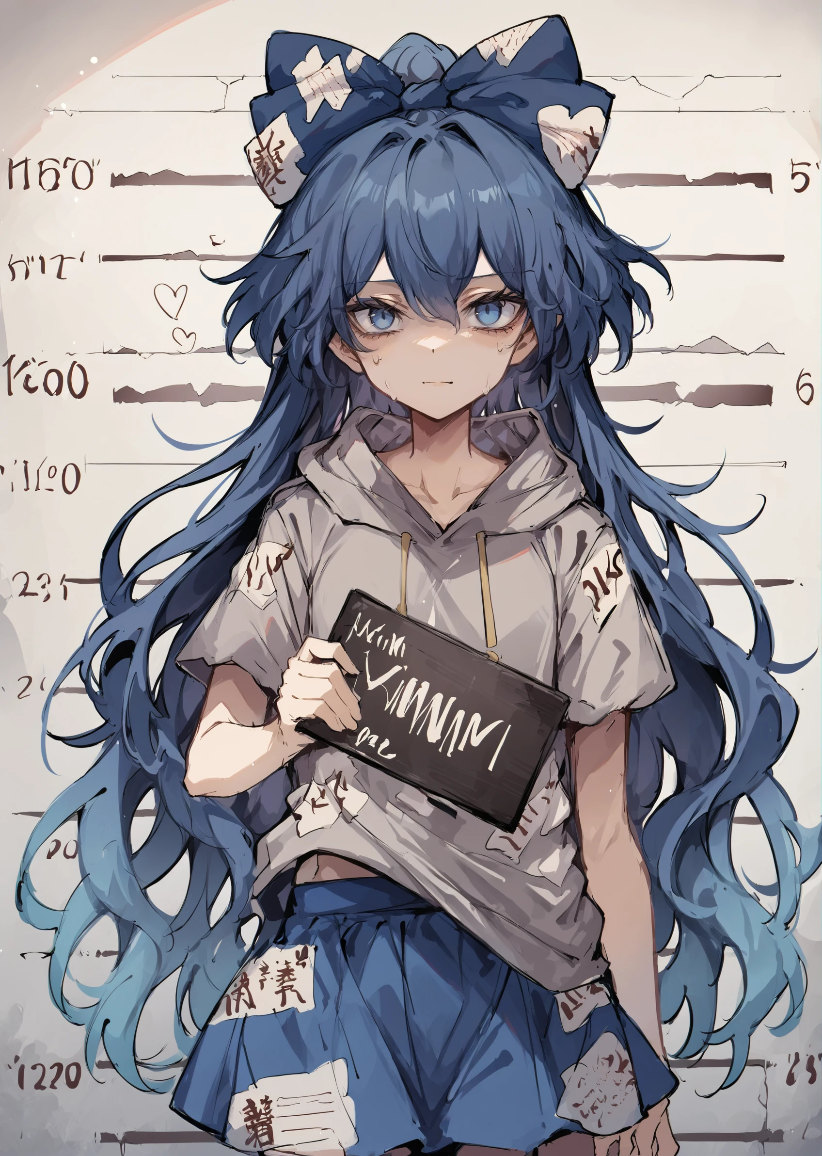 (score_9, score_8_up, score_7_up) BREAK source_anime,1girl,solo, yorigami shion, blue bow, grey hoodie, blue skirt,looking at viewer,standing,mugshot,holding sign,
<lora:mugshot_pony_ver1:1>,
<lora:yorigami_shion_pony_ver1:1>,