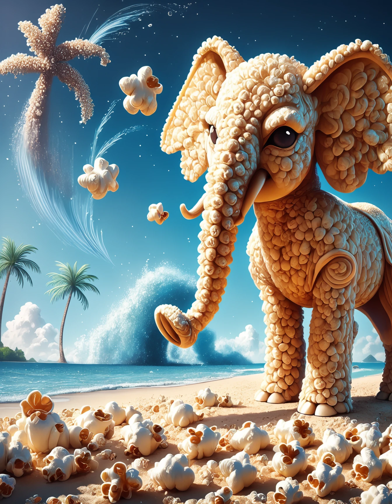 score_9, score_8_up, score_7_up, score_6_up, score_5_up, score_4_up,  
source:photo, Popcorn,
elephant made of popcorn walking on a beach, popcorn sand,waves, palm, raining popcorn, blue galaxy sky, popcorn clouds,funny smile