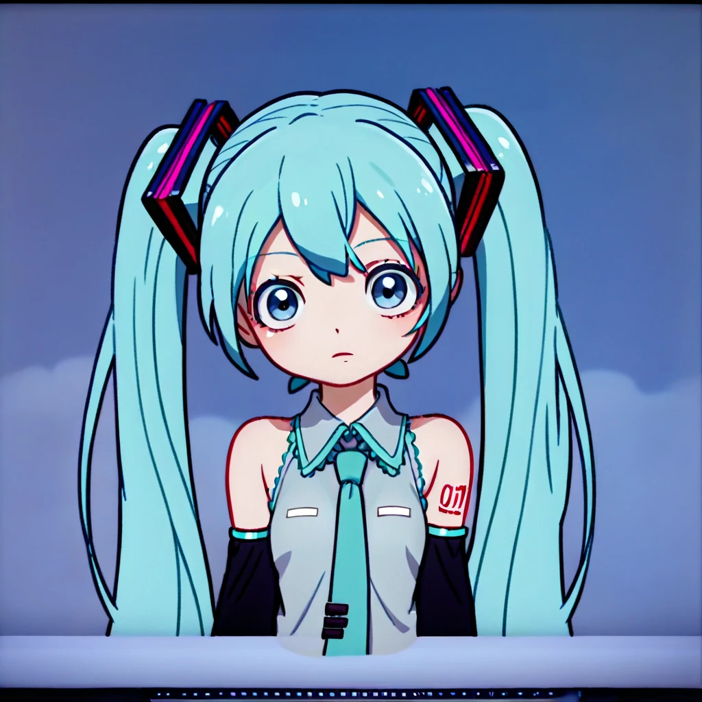 score_9, score_8_up, score_7_up, source_anime, anime screencap, official style, looking at viewer, 1girl, hatsune miku, blue eyes, blue hair, solo, Nyup_Style,