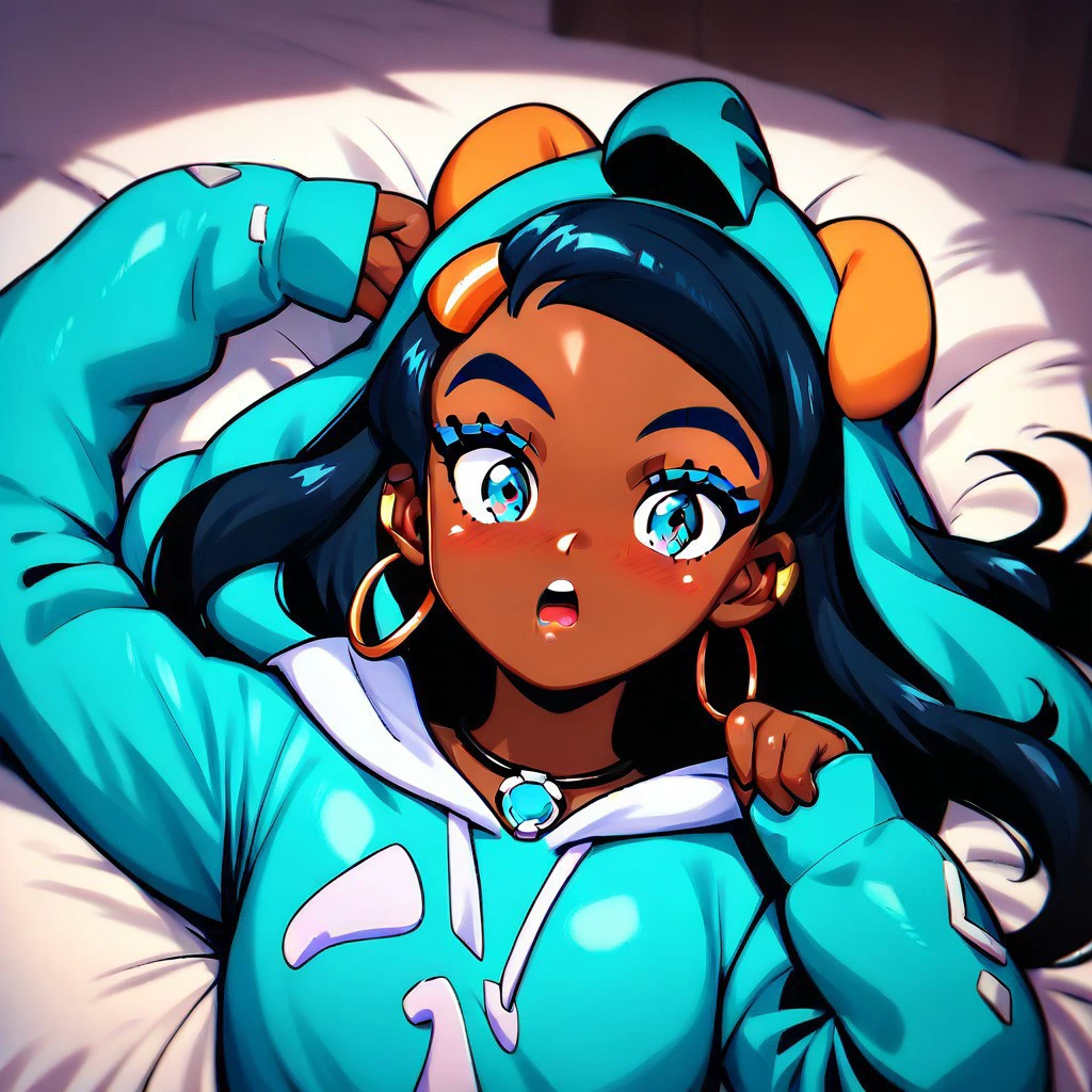 score_9,score_8_up,score_7_up,score_6_up,score_5_up,score_4_up, solo, 1girl, Nessa, lying, on back, dark skin, blue eyes, blue hair, onesie, blue onesie, open mouth