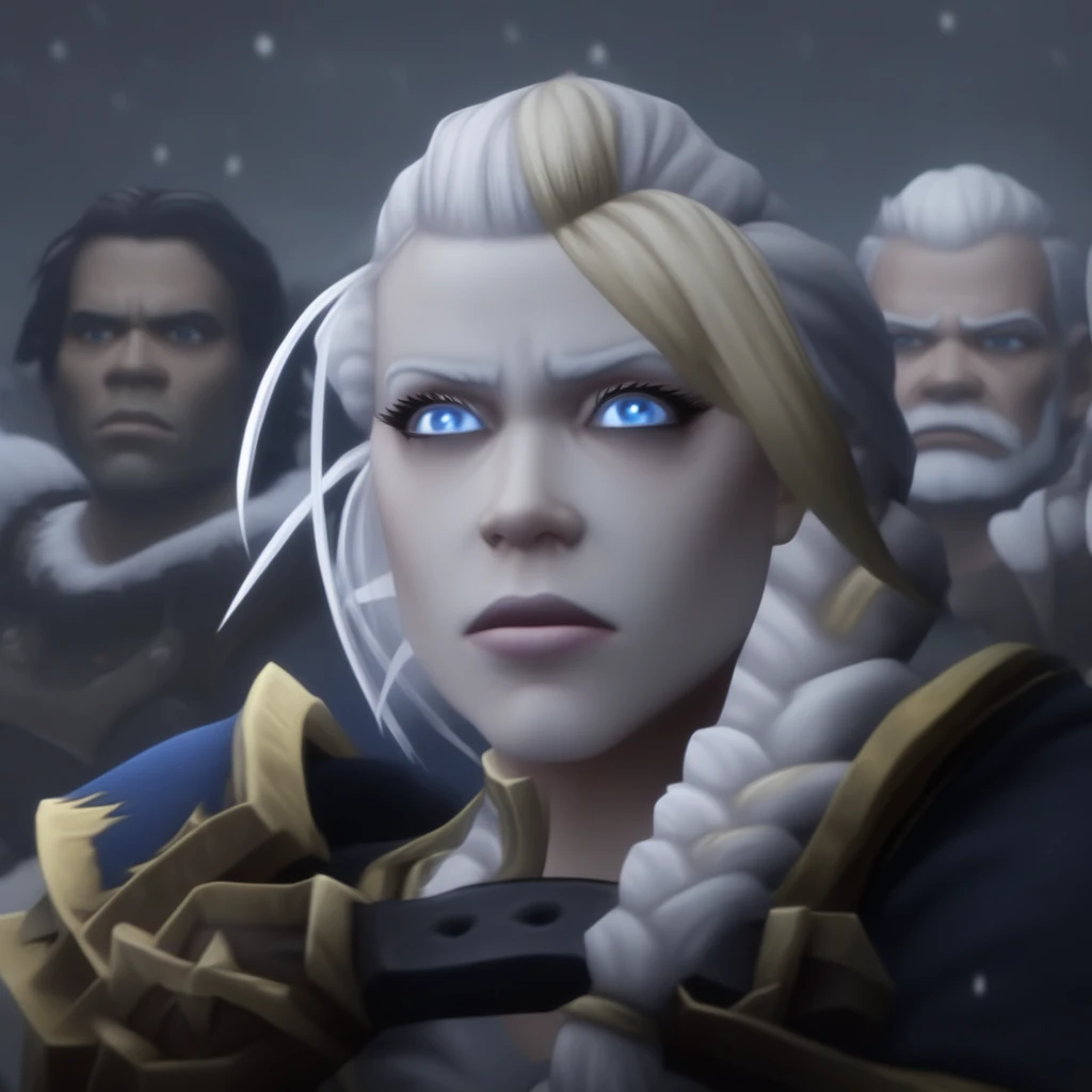 in the style of world of warcraft. she is looking at the viewer with a thoughtful expression. the background is grey and has snowflakes on it. pg13 _ rating, a close - up of a young woman with blonde hair and blue eyes, a female paladin with white hair and braids, standing in front of a group of soldiers. the background is dimly lit