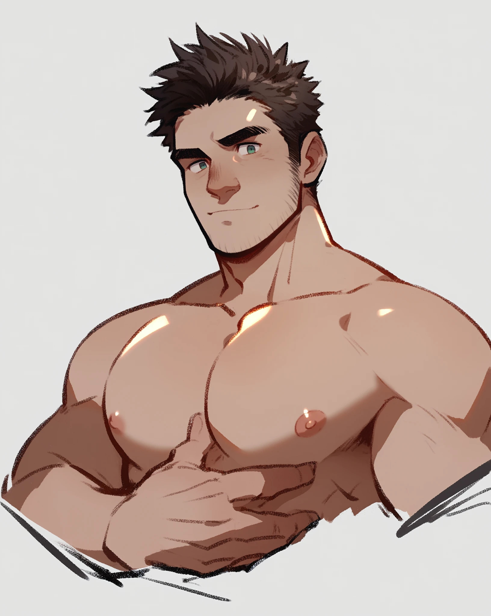 score_9, score_8_up, score_7_up, sketch, bara, 1boy, looking at viewer, warrior, nude, pectorals, nipples, grab chest, cropped torso, simple background, white background, <lora:Orion:0.99>