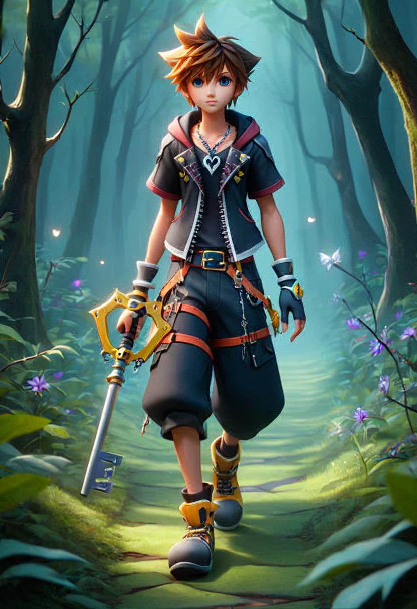 sorakh, keyblade, 1boy, walking down an enchanted path in a dark forest, halloween theme, shadow monster