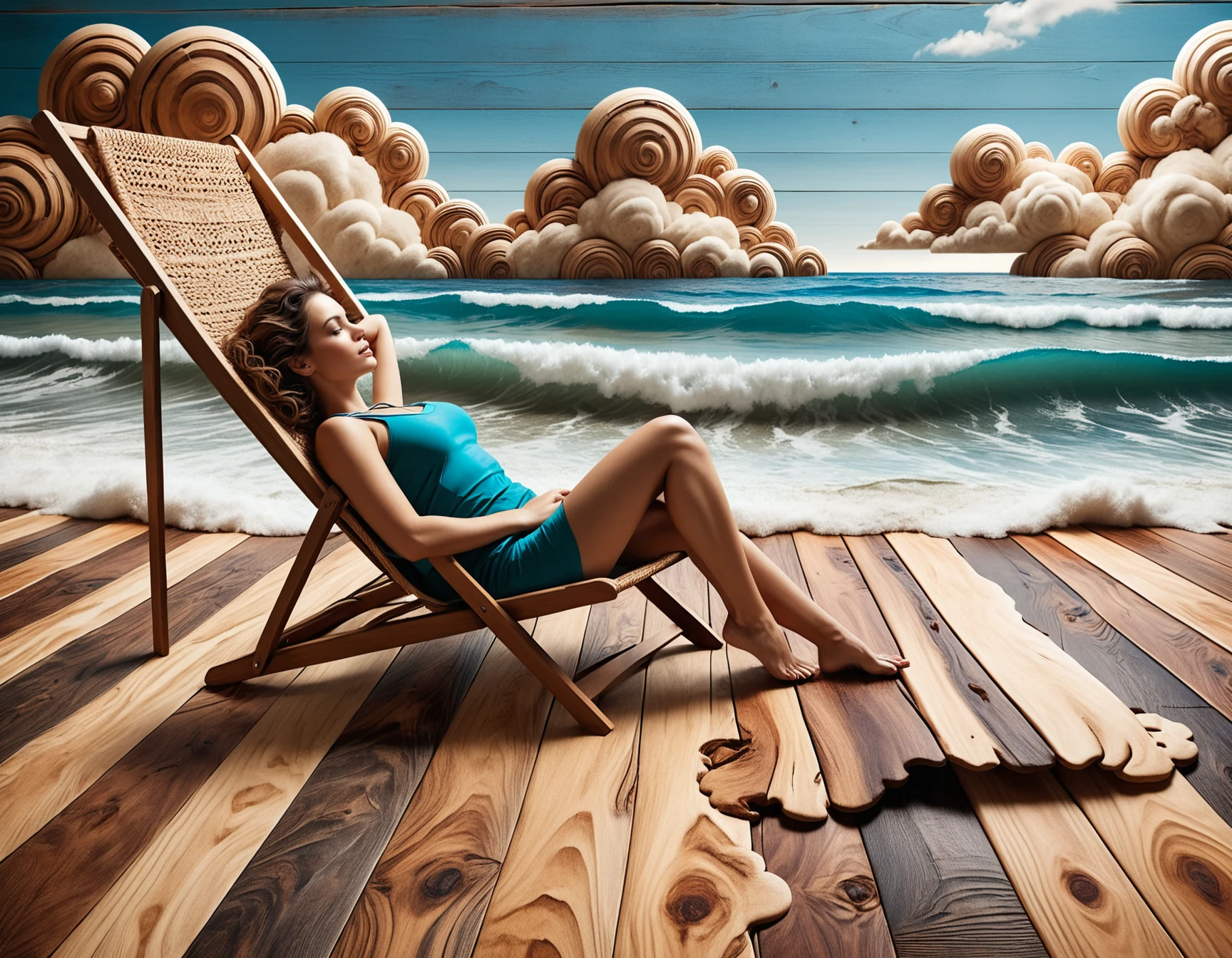 an incredible side view photo of a beautiful woman laying in a beach chair on a wooden beach scene, large waves  crash onto a wooden shore, wooden clouds in the background, incredible detail, highest quality, dramatic lighting,