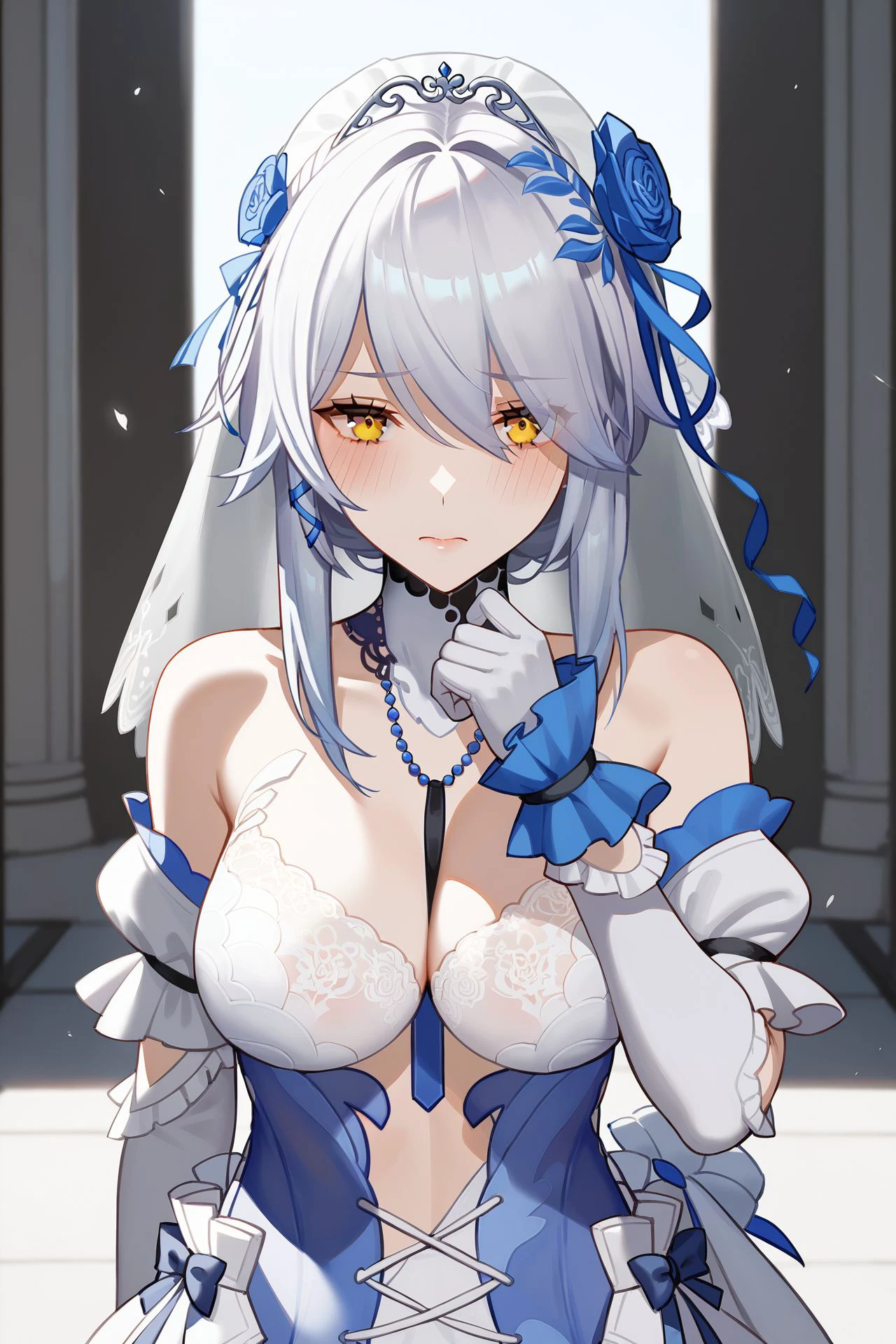 score_8_up, 1girl, solo, blush, embarrassed, looking_at_viewer, <lora:sb-Lyfe-InfiniteSight-FrozeninLove_PonyXL_cha_v01:0.75> sb-lyfe-isfl, dress, gloves, veil, ribbon, hair flower, detached sleeves, lace trim