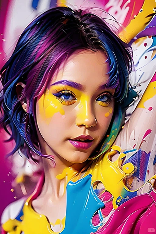 1girl, solo, paint splatter, watermark, web address, makeup, paint, multicolored hair, parted lips, blue eyes, lips, purple hair, pink hair, eyeshadow, colorful, paint splatter on face, artist name, upper body, lipstick, short hair, rainbow hair, bare shoulders, nose,,,<lora:Dream color:0.9>,<lora:lightline-v2.0:0.6>,<lora:meinv123:1>