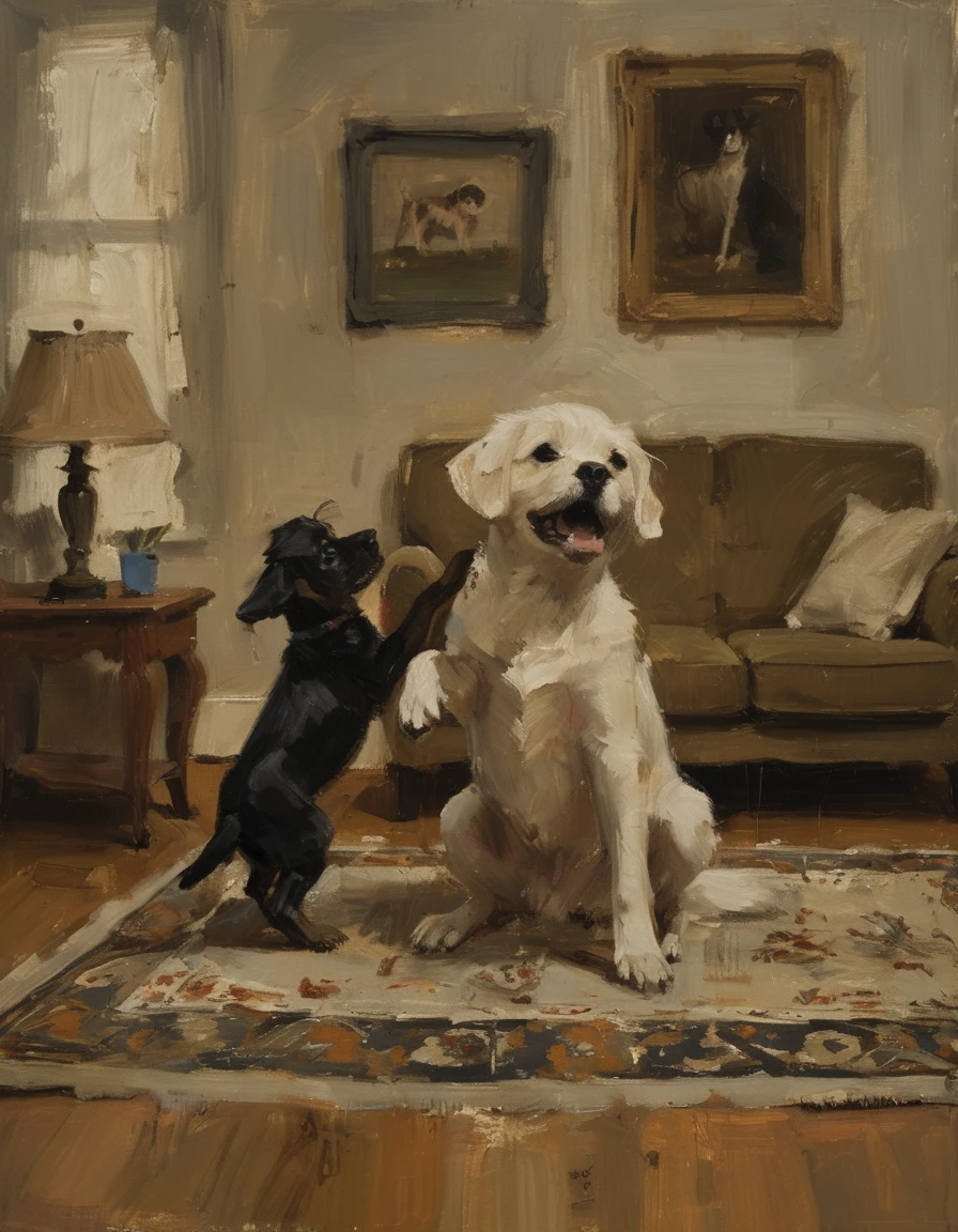 portrait of a small puppy annoying its big momma dog jumping and barking in a cozy living room with ornate persian rug