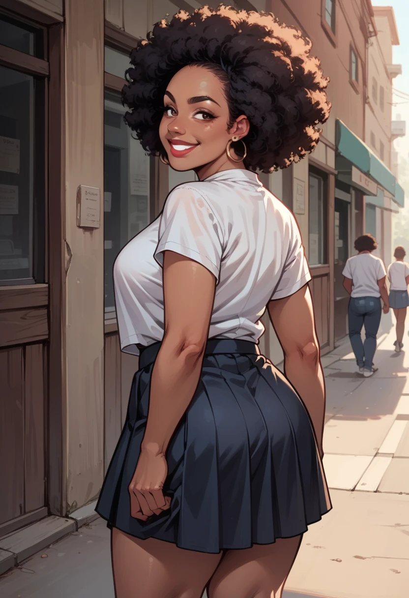 score_9, score_8_up, score_7_up, score_6_up, 1girl, solo, makeup, lipstick, dark skin, hud_afr0hair, afro, curly black hair, outdoors, <lora:ah:0.8>, smile, plump, shirt, skirt, navel, earrings, from behind