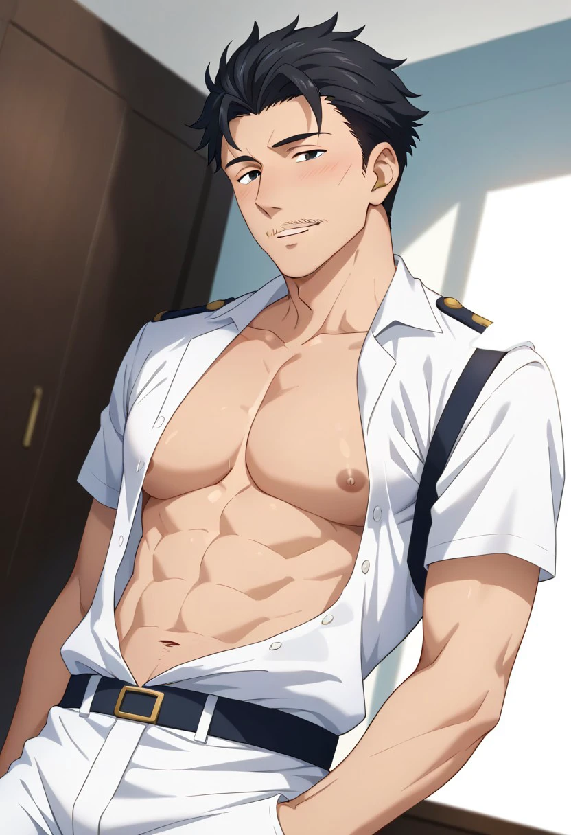 score_9, score_8_up, score_7_up, score_6_up, perfect anatomy, perfect proportions, best quality, masterpiece, high_resolution, high quality, aesthetic, absurdres, (male focus), solo male, Ichiro Satomi, black hair, short hair, black eyes, facial hair, thin mustache, military uniform, white shirt, short sleeves, rank slides, khaki pants, (open shirt, bare chest, bare abdomen), adult, mature, masculine, manly, handsome, charming, alluring, portrait, headshot, upper body, dutch angle, seductive, blush
