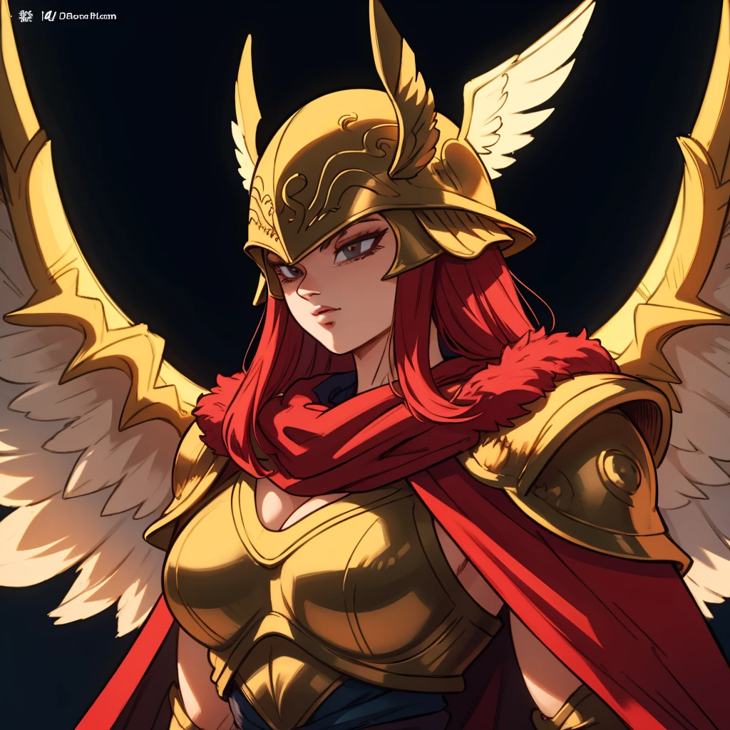 Best_QualityPos, RAW photo, intricate details, best quality, 8k uhd, soft lighting, 1girl, solo, dbs_bs, malenia, helmet, winged helmet, cape, red cape, armor <lora:Dragon_Ball_Super_Broly_Style_Last:0.7> <lora:Malenia:0.6>