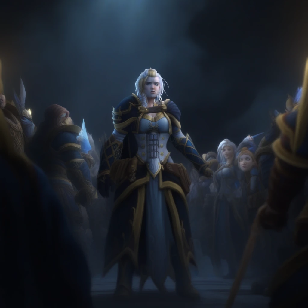 surrounded by a crowd of people, in a dimly lit environment. the background is dark and moody, holding a glowing sword in front of her, wearing blue and gold armor and holding a sword in her hand