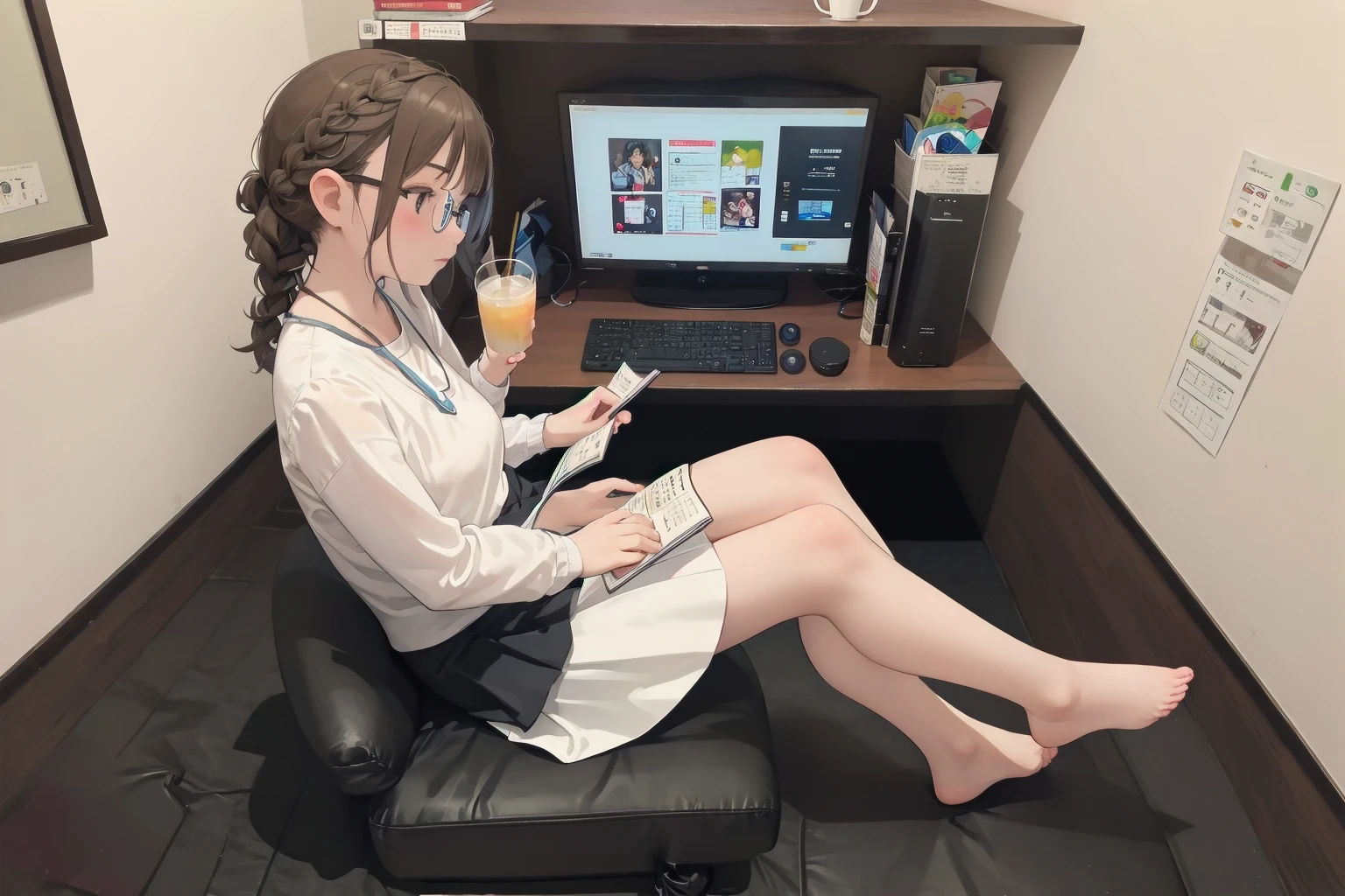 masterpiece, best quality, ultra-detailed, illustration, glasses,
necafe, scenery, 1girl, solo, brown hair, sitting, reading, indoors, chair, drinking straw, book, cup, computer, braid, drink, barefoot, short hair, crossed legs, skirt, desk, monitor, from side
<lora:netcafe_SD15_V1:0.8>