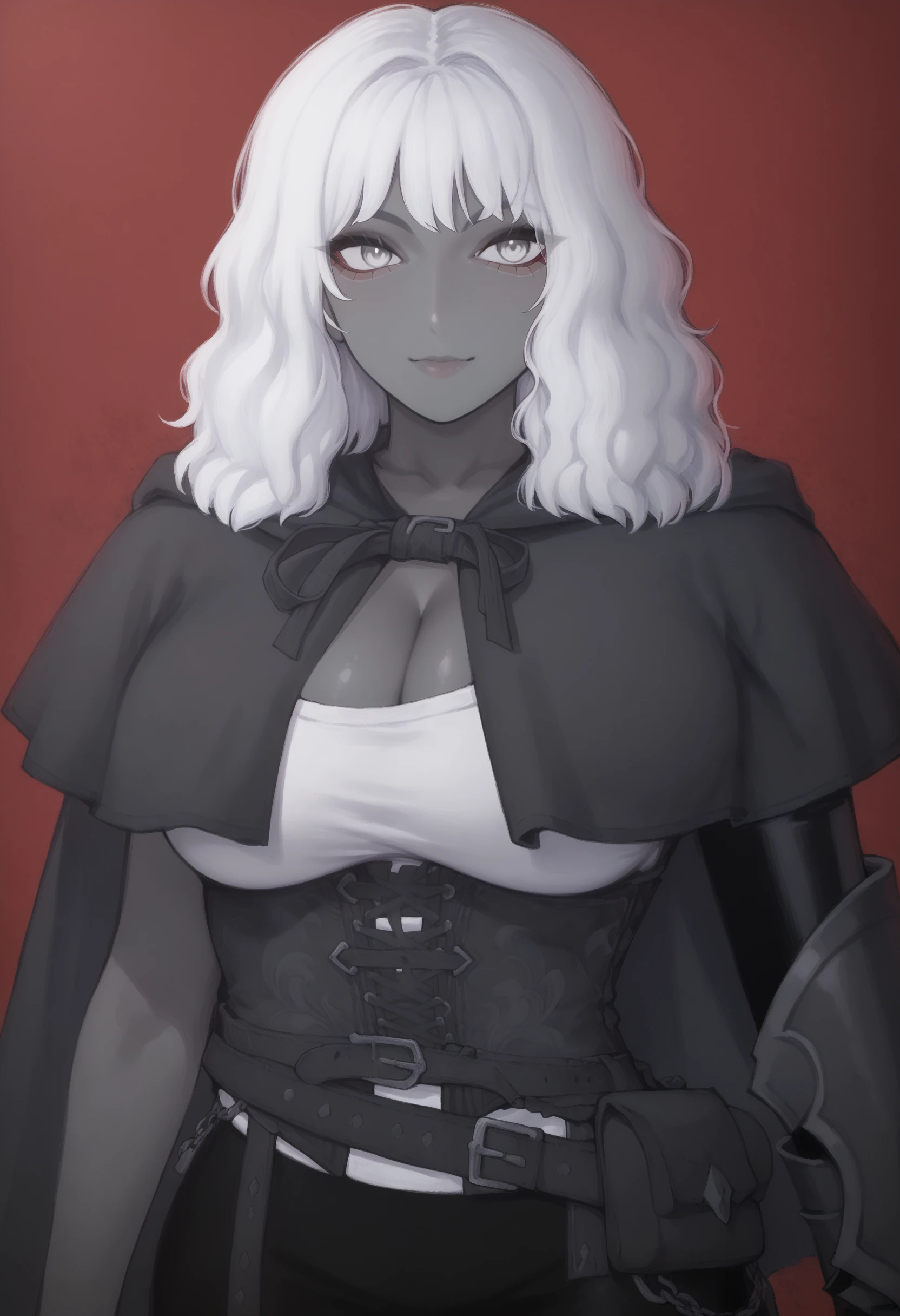 source_anime,score_9, score_8_up,score_7_up, masterpiece, 1girl, drowsinue, grey corset, grey garters, grey belt, grey cape, white shirt, black right arm, armor, pouches on belt, white hair, wavy hair, medium hair, grey skin, white eyes,
smile, seductive, colored background, cleavage,
(huge breasts:1.3),
Standing, dynamic pose,
<lora:Sailen_Style:1>  <lora:Drow_Female_-_Sinue:0.7>