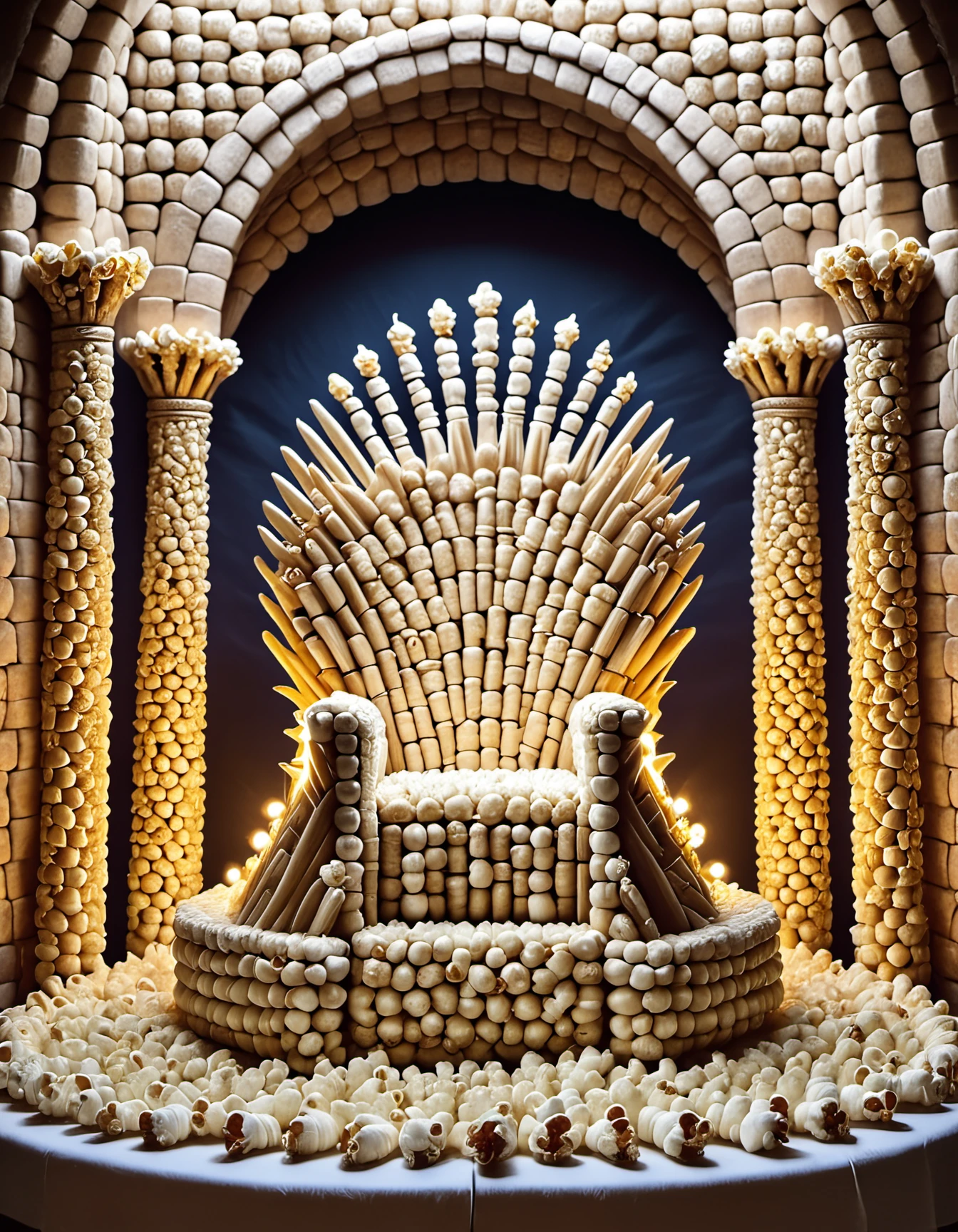 Popcorn,"The Popcorn Throne"
A detailed Iron Throne from Game of Thrones made entirely of popcorn. Background: A dimly lit medieval hall with flickering candles and House banners. The popcorn throne gleams in the center, catching the light dramatically.