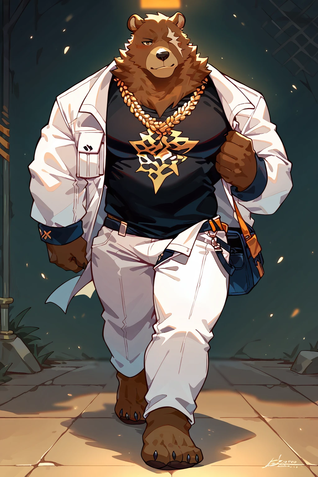 score_9, score_8_up, score_7_up,
((best quality)), absurdres,
<lora:BenBiggerPXL:1> benbiggerpxl, one eye, anthro, male,
full body, walking, nude, pecs, muscular, gold chain necklace, white jacket, black shirt, white pants, ,
<lora:Smooth Anime Style LoRA XL:0.7> Smooth, Anime, <lora:Expressive_H:1> Expressiveh,