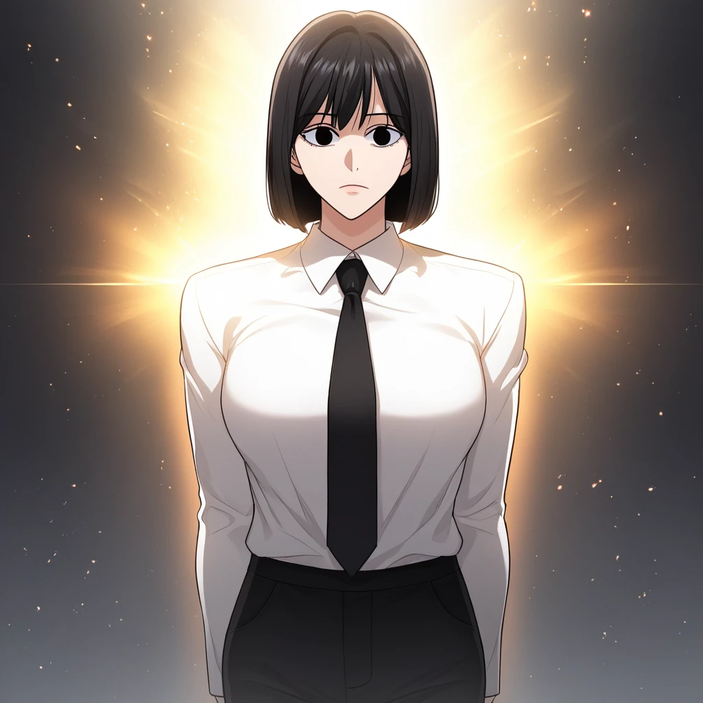 score_9_up, BREAK, Manhwa,1girl, solo, bob cut, black hair, black eyes, white shirt, necktie, formal, black suit, pants, <lora:Manhwa_Style_PXL_Leaf2:1>, looking at viewer, cowboy shot, arms at sides,light particles, glowing,