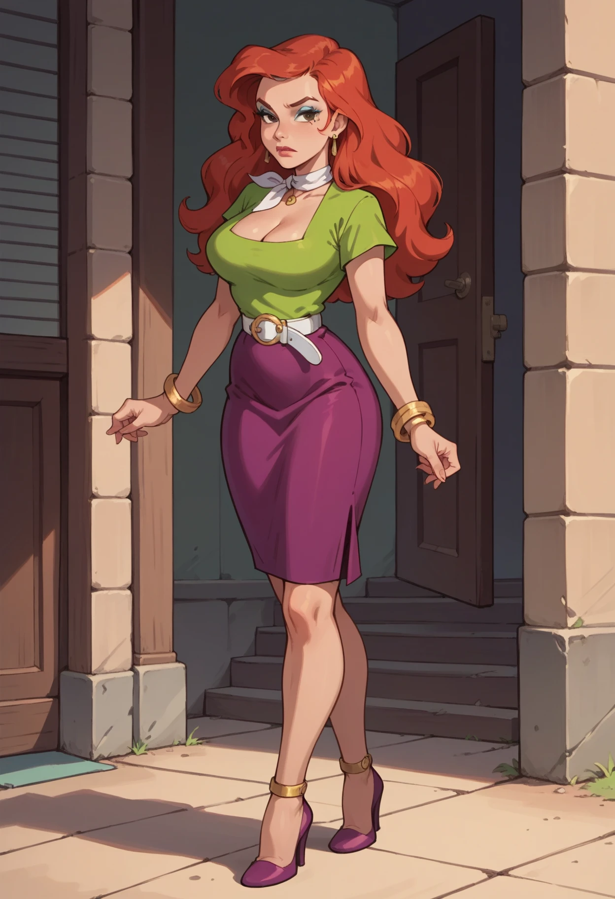 Score_9, score_8_up, score_7_up, score_6_up, hud_cous1n_mel, 1girl, red hair, brown eyes, solo, jewelry, earrings, makeup, blue eyeshadow, cleavage, green shirt, purple skirt, white belt, neckerchief, high heels, <lora:cousinmel:0.7>