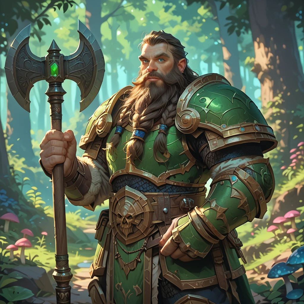 score_9, score_8_up, score_7_up, score_6_up, score_5_up, score_4_up, (A dwarf from the world of warcraft, beautiful green eyes, he is in full green armor and holding an axe while standing in a magical forest. The background features colorfull magic mushrooms:1.2) 