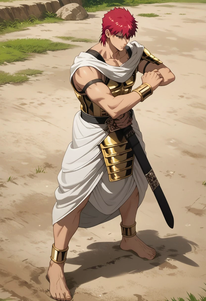 score_9, score_8_up, score_7_up, source_anime, rating_safe, Masmag, 1boy, male focus, anime screencap, white greek chiton, gold armor, gold pauldron, gold bracelet, gold anklet, sheathed sword, barefoot,