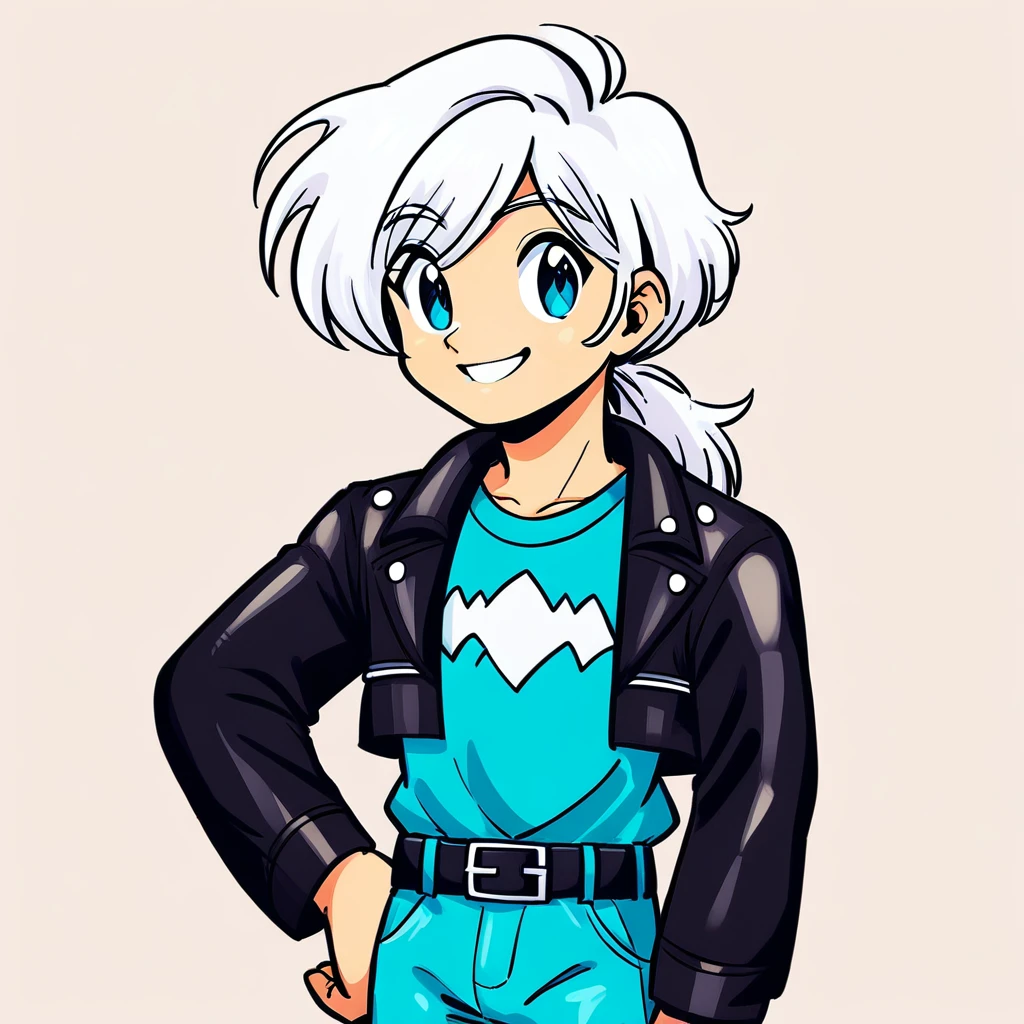 Rating_safe, solo, 1boy, male focus, hand on hip, white hair, blue eyes, black jacket, blue shirt, belt, blue pants, smile,