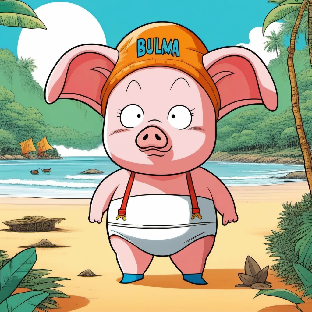 comic a small pig Oolong wears panties on the head with text ''BULMA'', beach, jungle <lora:Oolong1024-v2:0.8> . graphic illustration, comic art, graphic novel art, vibrant, highly detailed