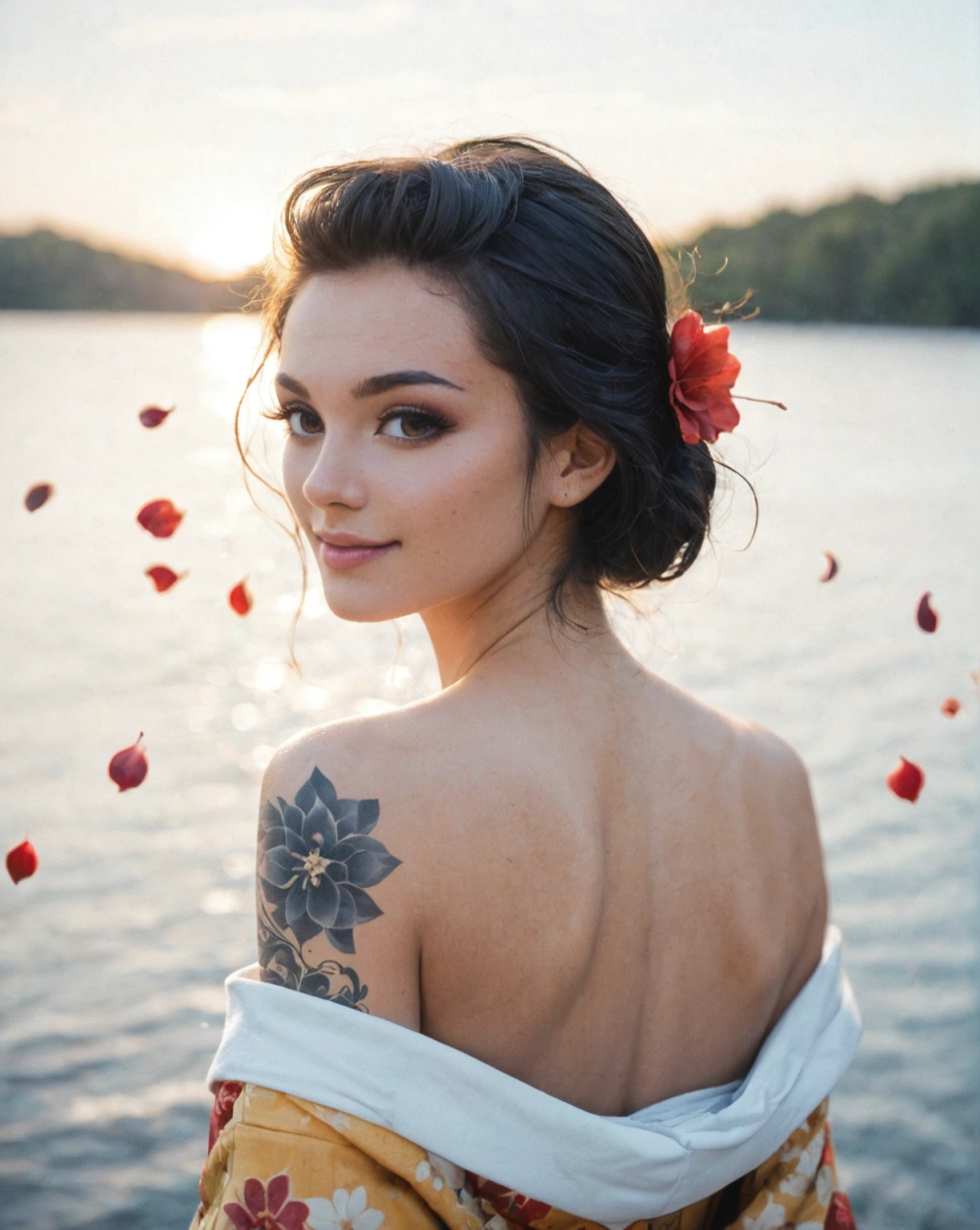 Japanese teenage girl, floral kimono, exposed shoulders, from behind, beautiful face, thick eyelashes, glossy eyes, black hair, cute smile, dark eyeshadow, shoulders tattoos, back tattoos, floral decoration in hair, falling petals, beautifully backlit, wideshot, lake background,, (raw,score_8_up),photo, raw,realistic