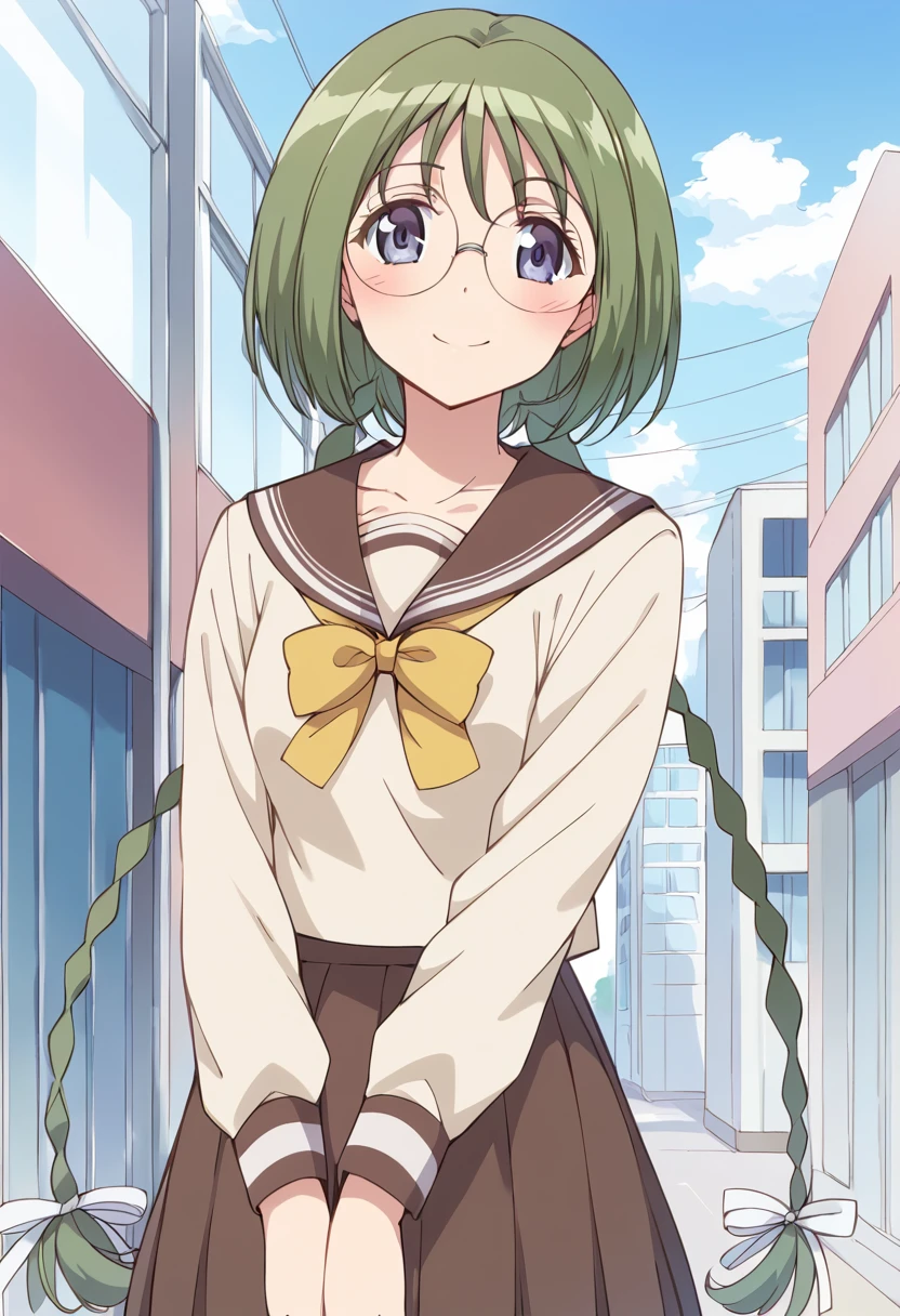 score_9, score_8_up, score_7_up, source_anime BREAK
midorikawa lettuce, school uniform, glasses, green hair, blue eyes, serafuku, smile, solo, short hair, looking at viewer, very long hair, hair ribbon, white ribbon, round eyewear, open mouth, pleated skirt, 1girl, collarbone, long sleeves, building, twin braids, outdoors, yellow neckwear, blush, ribbon, solo, standing, purple eyes, city, :d, bespectacled, white shirt, yellow bow, yellow bowtie, v arms, brown skirt, closed mouth, sky, brown sailor collar, yellow neckerchief, day, school, window
<lora:mew_lettuce_midorikawa_lettuce_sdxl_locon_pony_v1:0.7>