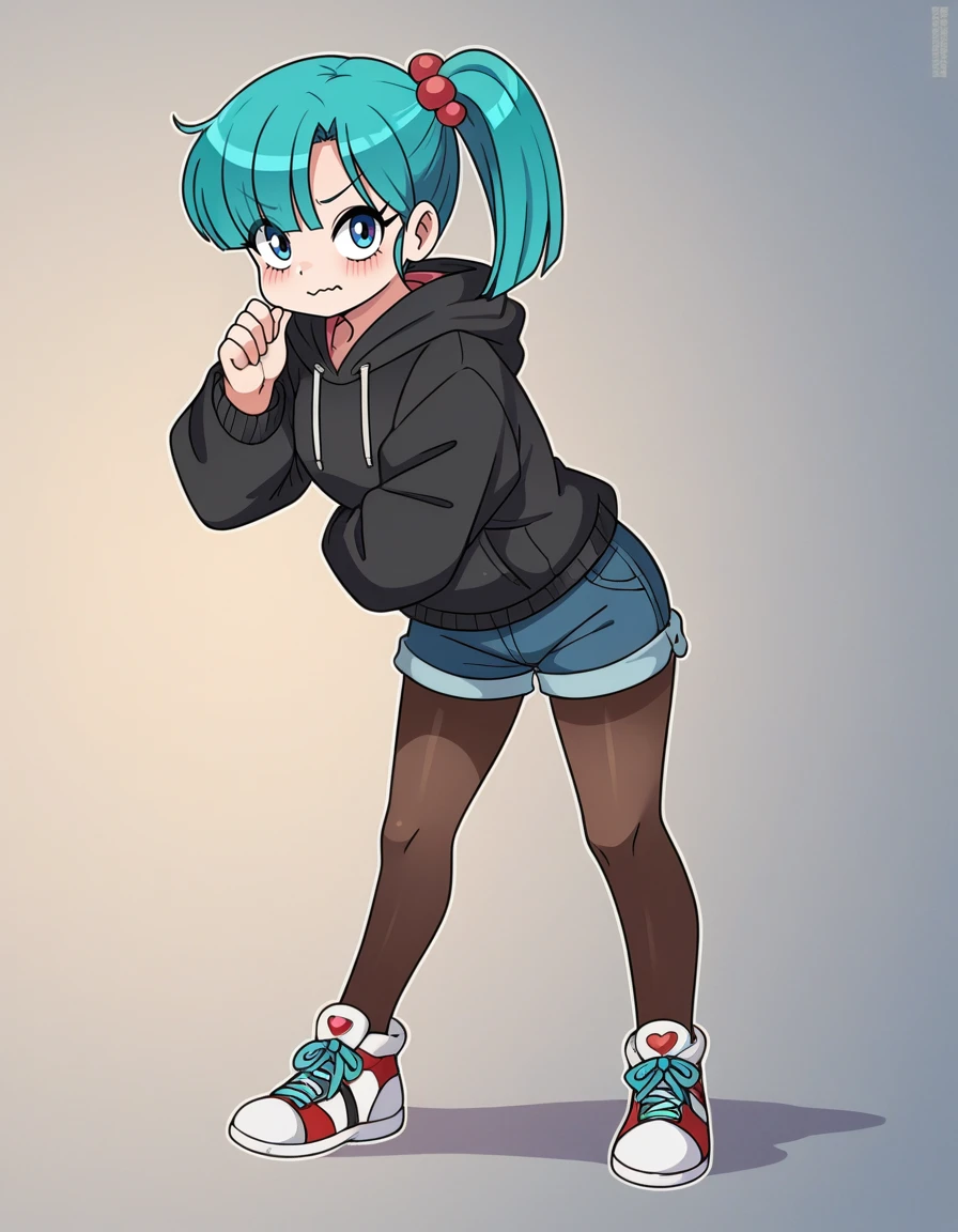 zPDXL, score_9, score_8_up, score_7_up, score_6_up, score_5_up, 4k, absurdres, looking at viewer, <lora:Perfect Hands:0.8> Perfect Hands, 1girl, solo, 
bulma, blue eyes, blue hair, side ponytail , wavy mouth, twisted torso, black-sneakers, hoodie, denim-shorts, black-pantyhose, pantyhose-under-shorts,
<lora:NicoNeko_v1:0.8> ncnk, silk