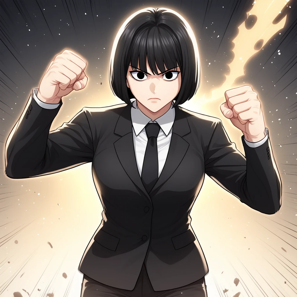 score_9_up, BREAK, Manhwa,1girl, solo, bob cut, black hair, black eyes, white shirt, necktie, formal, black suit, pants, <lora:Manhwa_Style_PXL_Leaf2:1>, looking at viewer, cowboy shot, fighting stance, clenched hands, light particles, glowing,