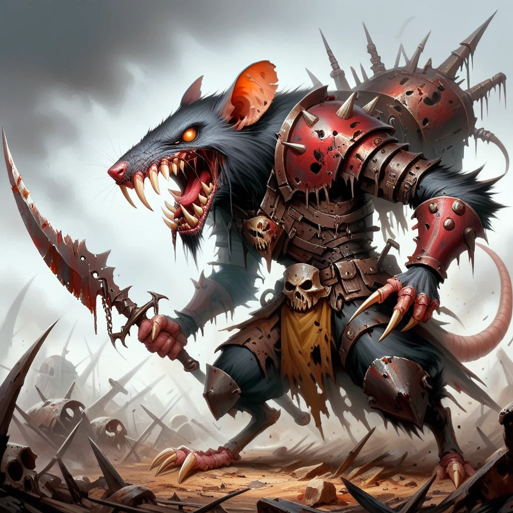 skaven, Warrior in black and red spiked metal armor, rusty and damaged metal armor, scary, fangs, claws, holding a rusty bent sword