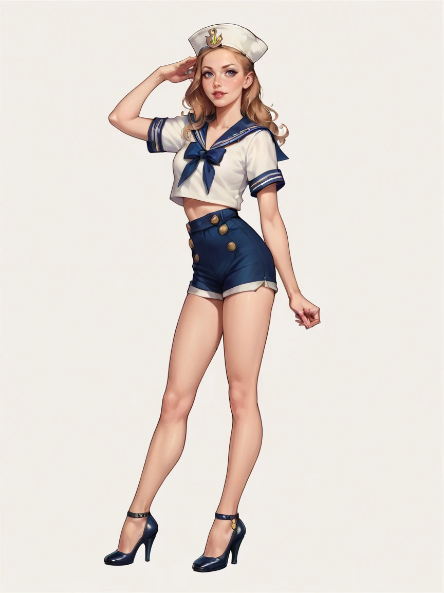 score_9, score_8_up, score_7_up, score_6_up, score_5_up, <lora:s41l0rXLP:0.7> s41l0r, dixie cap hat, hat, sailor, sailor collar, shirt, solo, 1girl, shorts, high heels,