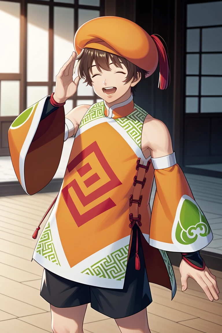 score_9, score_8_up, score_7_up, score_6_up, detailed, intricate details,best quality ,source_anime, cowboy shot,male focus,
bao, brown hair, brown eyes, chinese clothes, orange cabbie hat, detached sleeves, orange tangzhuang, bare shoulders, solo, closed eyes, hat, barefoot, smile, open mouth, facing viewer, :d, ^ ^, male focus, shorts, bangs, teeth, 1boy, black shorts<lora:EMS-423433-EMS:1.000000>