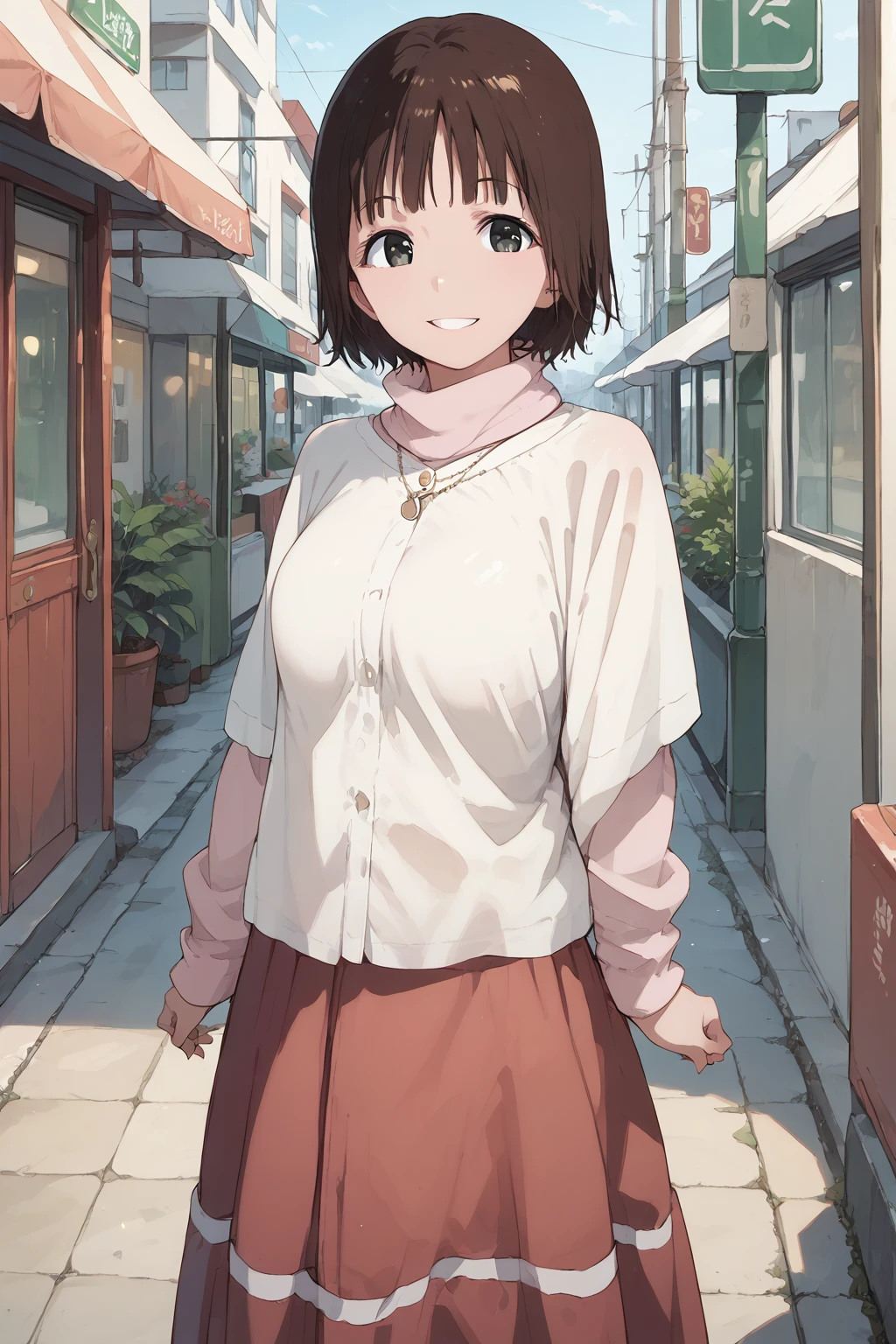 score_9, score_8_up, score_7_up, , score_ANIME, , domotochiemi, 1girl, solo, ,, cowboy shot, , smile, looking at viewer, brown hair,, long sleeves, standing, black eyes,  closed mouth, long skirt, red skirt, short over long sleeves, , turtleneck sweater, gold necklace, medium breasts,     <lora:domoto_chiemi_pony5:1>  white shirt,