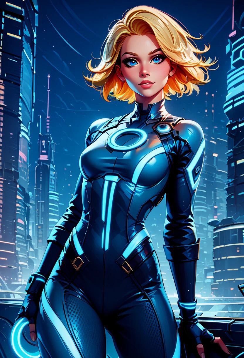 score_9, score_8_up, score_8, medium breasts, (curvy), 
zzCitronLegacy, 1girl, solo, breasts, looking at viewer, short hair, blue eyes, blonde hair, gloves, fingerless gloves, medium hair, lips, bodysuit, neon glow, 
city, night, 
zPDXL, Expressiveh