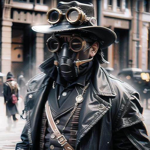 steampunk,award-winning picture,highly detailed,ultra-high resolutions,32K UHD,sharp focus,best quality,masterpiece,1man,solo,blurry background,solo,blurry,goggles,hat,upper body,jacket,ambiguous gender,mask,black jacket,coat,gas mask,,<lora:steampunk_v1.0:1>