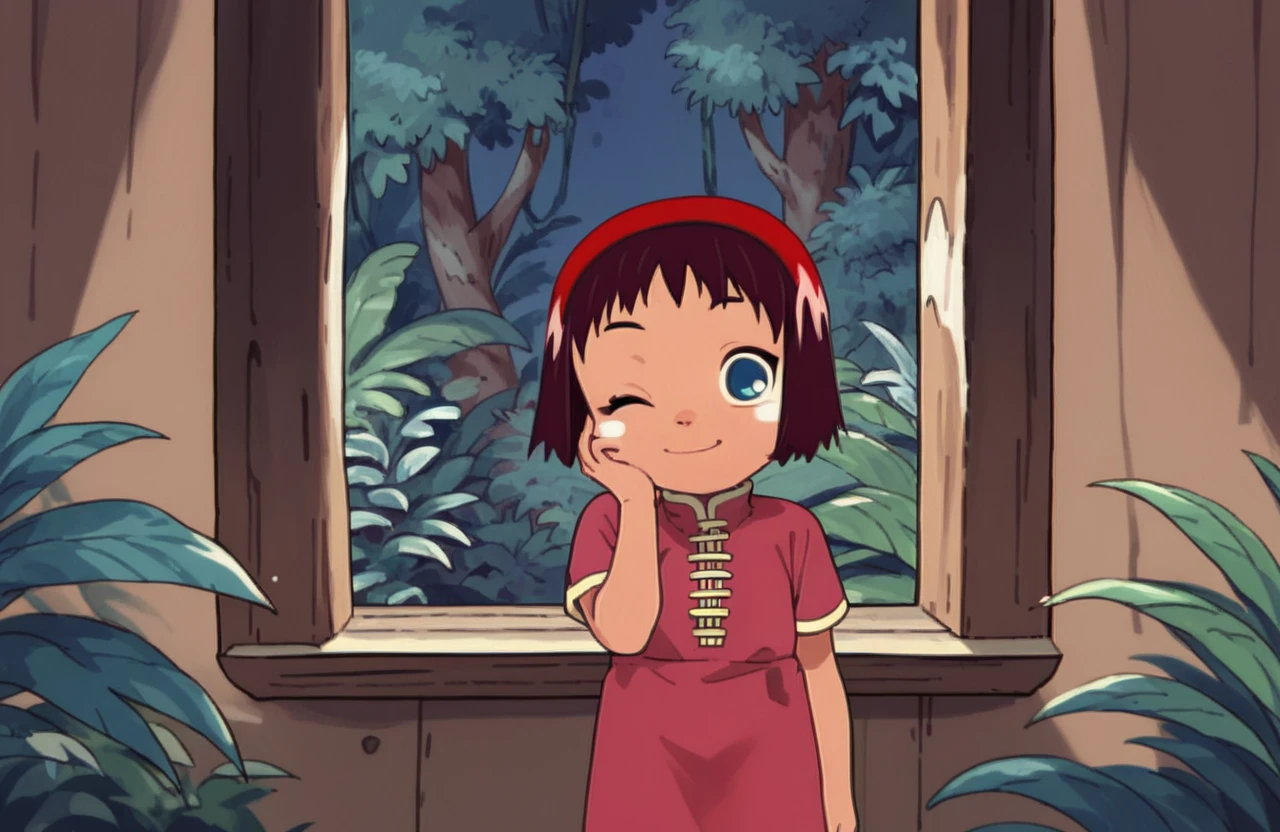 score_9, score_8_up, score_7_up, score_6_up, score_5_up, score_4_up,
<lora:JungleMarybyRR-09:1>, JungleMary, tan, red hair, short hair, bangs, blue eyes, white blush, chinese red clothes, child,
1girl, solo, standing, wink, hand on cheek,
cowboy shot, outdoors, night, jungle, house, window,