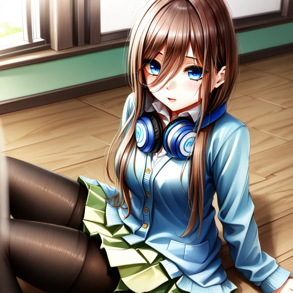 mikunakano,miku nakano, long hair, bangs, blue eyes, brown hair, shirt, hair between eyes, headphones, cardigan, headphones around neck, BREAK skirt, shirt, long sleeves, white shirt, pantyhose, pleated skirt, black pantyhose, cardigan, green skirt, blue cardigan, BREAK indoors, classroom, BREAK looking at viewer,  BREAK ,(masterpiece:1.2), best quality, high resolution, unity 8k wallpaper, (illustration:0.8), (beautiful detailed eyes:1.6), extremely detailed face, perfect lighting, extremely detailed CG, (perfect hands, perfect anatomy),