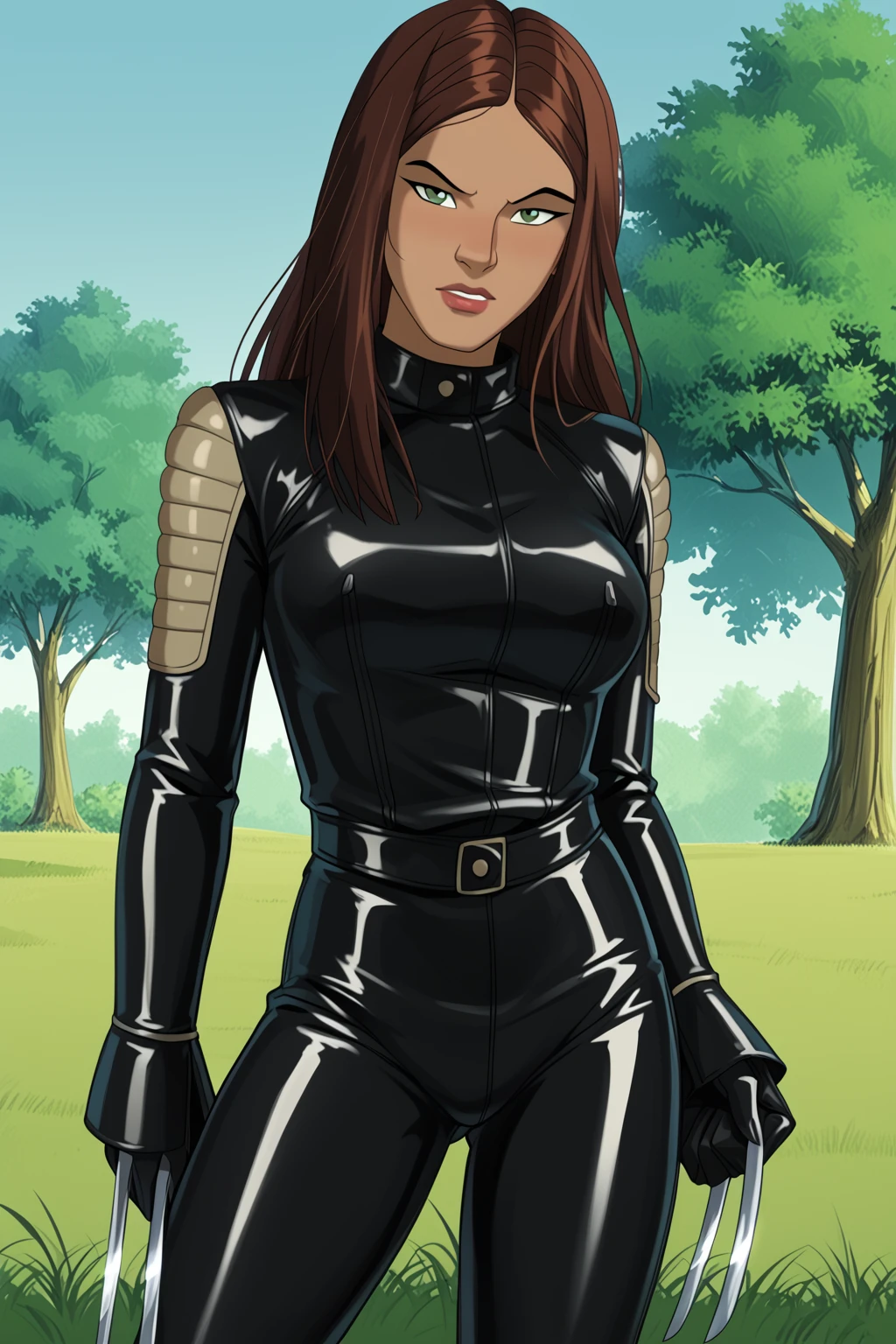 PonyXLV6_Scores BREAK ((parody:1.2)), <lora:add-detail-xl:1>, (absurd resolution, perfect anatomy), <lora:X-23:1> laura kinney, long hair, brown hair, dark-skinned female, green eyes, solo, flirting, raised eyebrow, blushing, ((looking at viewer)), lipstick, makeup, leather, bodysuit, black gloves, black pants, large breasts, petite, curvy, toned, athletic, thigh gap, sexually suggestive, action pose, claws, outdoors