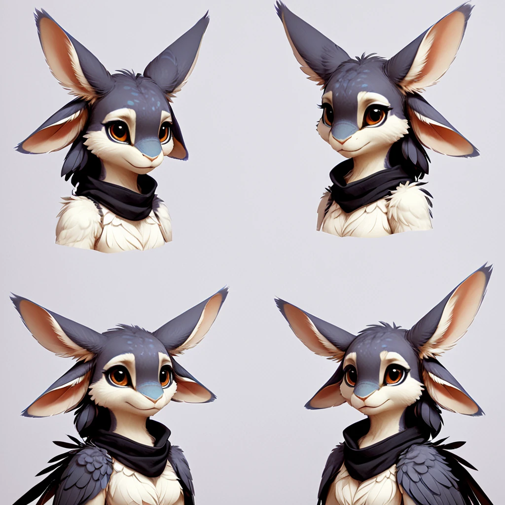 avali female ,(avali:1.5) ,( <lora:zavali_xl_2:1>:1.3) ,((ultra-detailed)), (four ears:1.9), (raptor body:1.3) , (fluffy chest:0.7),(winged arms:1.3) , 4 rabbit ears , ((3 fingers)), feather cover ,(simple sketch,:1.3) ,front view, 4 portraits separated by a frame (( by reysi:1.2)), (by vader-san:1.4) (solo:1.9) (internet troll face:1.4)