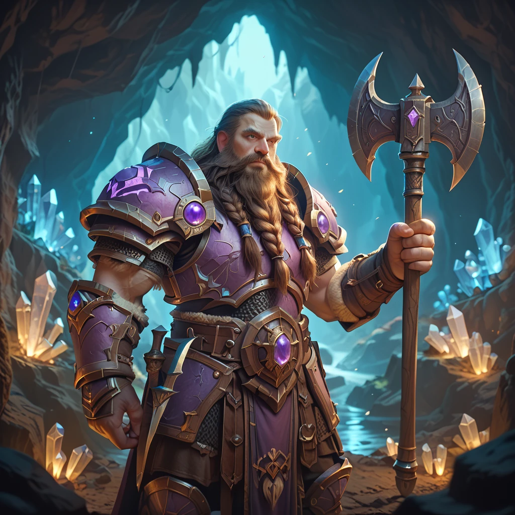 score_9, score_8_up, score_7_up, score_6_up, score_5_up, score_4_up, (A dwarf from the world of warcraft, beautiful blue eyes, he is in full purple armor and holding an axe with his right hand while standing in a cave. The background features colorfull crystals:1.2) 