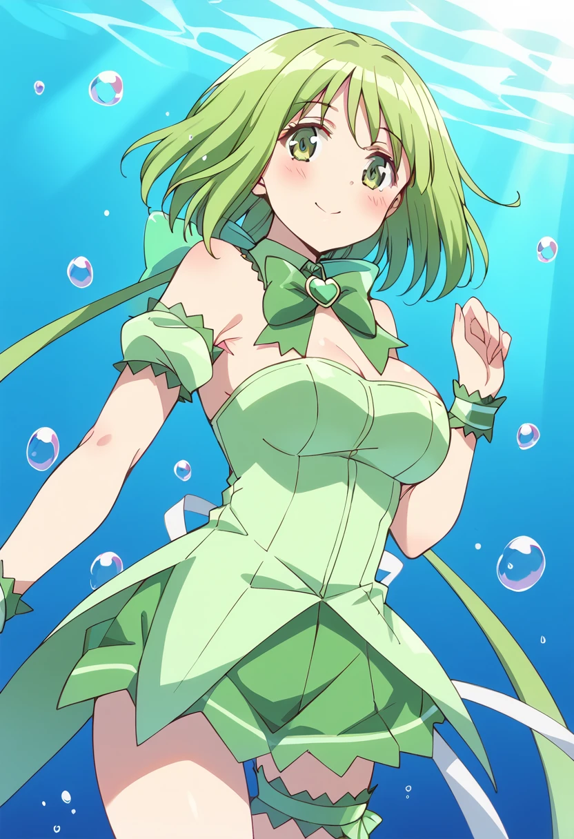 score_9, score_8_up, score_7_up, source_anime BREAK
mew lettuce, 1girl, green hair, solo, green eyes, smile, very long hair, bubble, green theme, wrist cuffs, green choker, underwater, submerged, air bubble, green skirt, bowtie, strapless dress, brooch, armpits, thigh strap, green neckwear, hair ornament, hair ribbon, green dress, garters, closed mouth, green legwear, green bow, leg garter, bare shoulders, sunlight, blush, low-tied long hair, short dress, light rays, back bow, detached collar, short hair, facing viewer, bangs, green ribbon, water, sidelocks, green eyes, white dress, large breasts, wristband, sleeveless dress, puffy detached sleeves, blue background, frills, eyebrows visible through hair, detached sleeves, floating hair, bridal garter, puffy short sleeves, white ribbon
<lora:mew_lettuce_midorikawa_lettuce_sdxl_locon_pony_v1:0.7>
