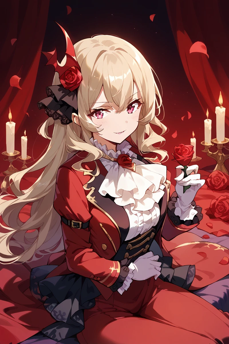 score_9, score_8_up, score_7_up, score_6_up, 1girl,
 <lora:Claudine_Saijo:0.9> claudine, long hair, blonde hair, flower, gloves, vampire, candle, white gloves, rose, solo, sitting, ascot, petals, hair ornament, looking at viewer, red suit,